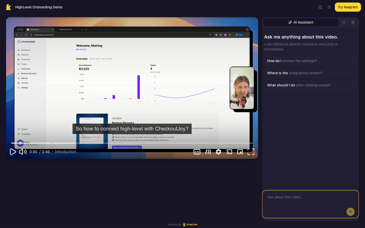 Keep'em interactive webinar player with AI chat panel answering viewer questions