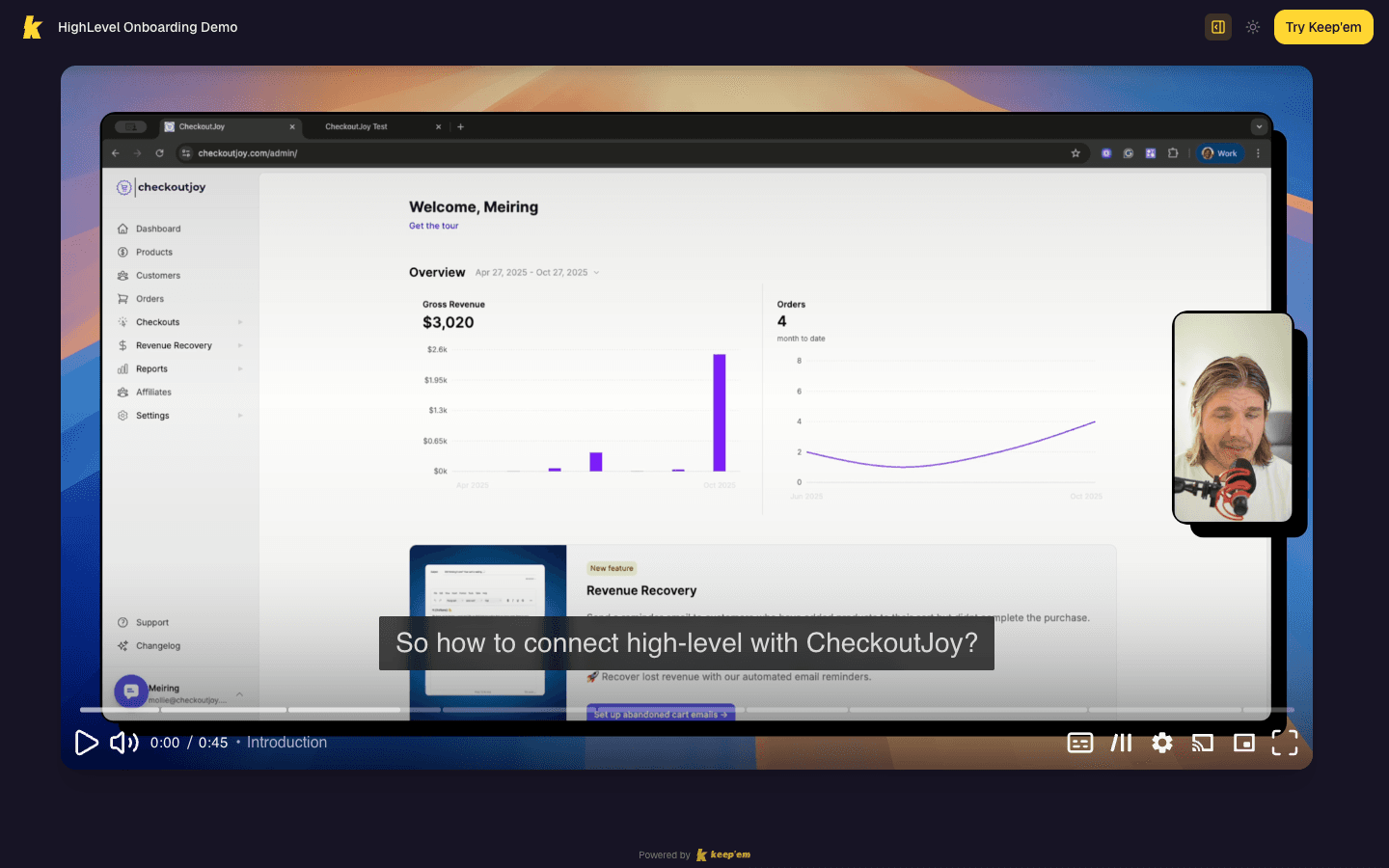 Keep'em interactive video player embedded in a SaaS dashboard with AI chat panel