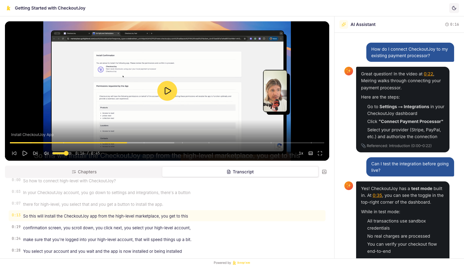 Keep'em player showing webinar with AI chat and searchable transcript